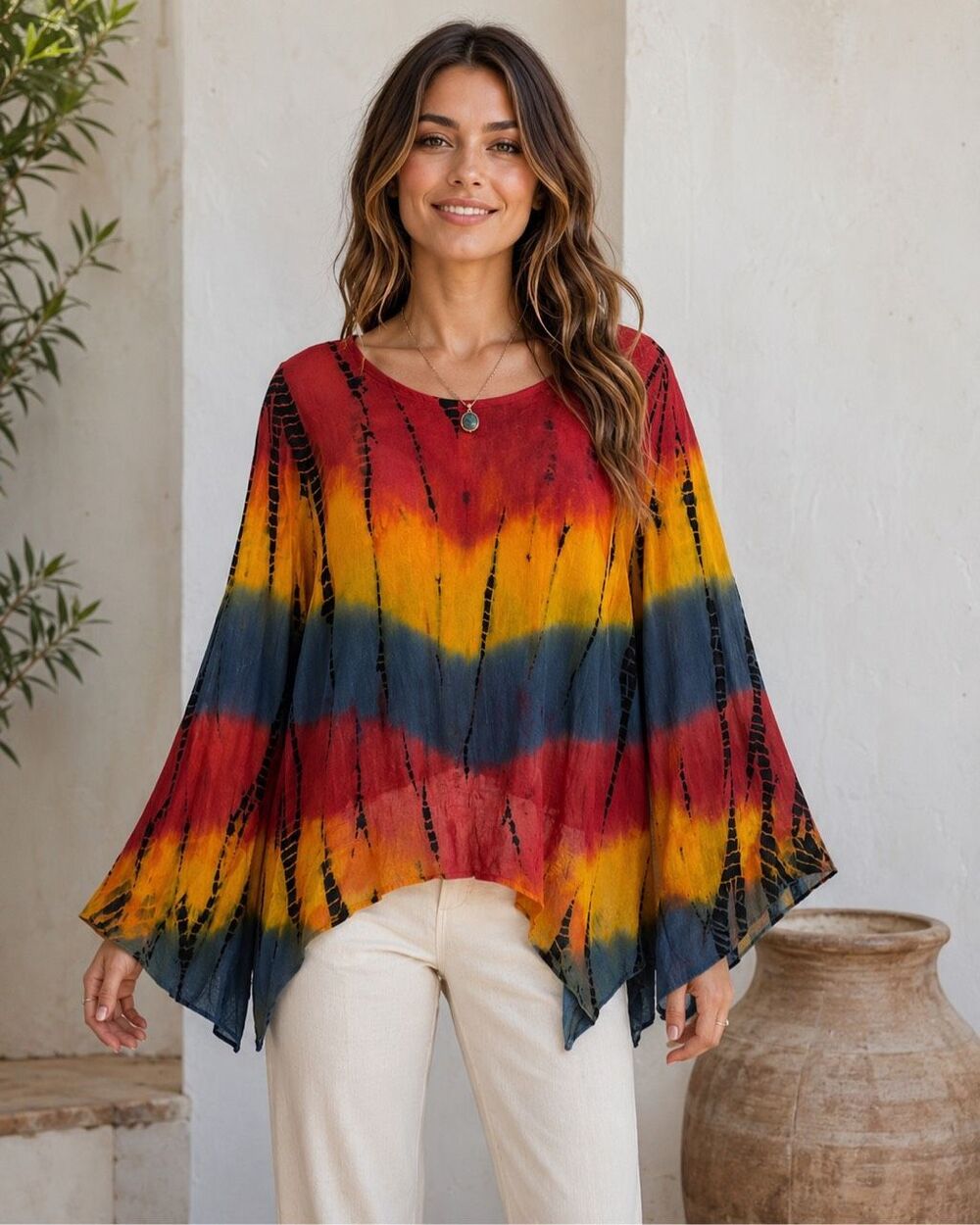 Bhag’s Boho L/XL Embroidered Bell Sleeve Handkerchief Hem Top Tie Dye Hippie Art
